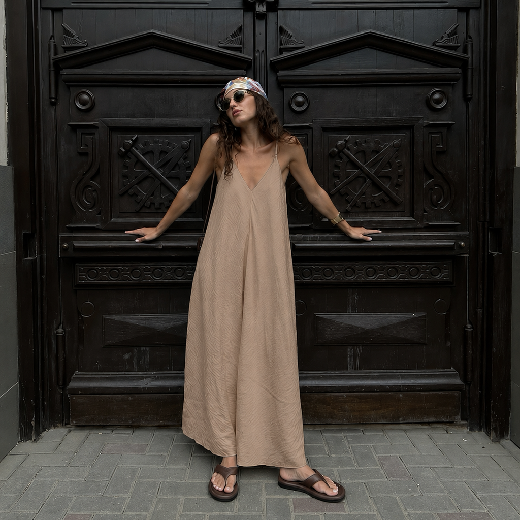 A woman wearing a beige maxi dress and sunglasses stands in front of a large dark wooden door, posing with her hands on the doorframe.