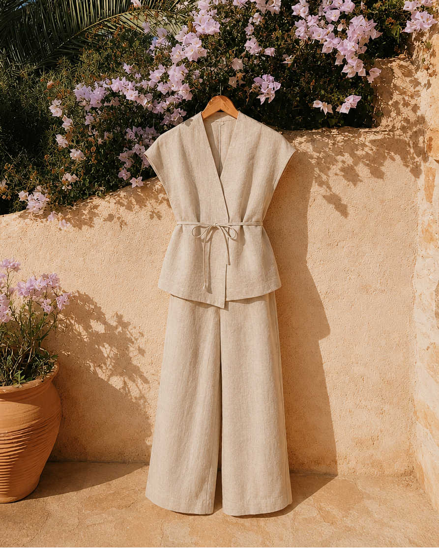 A light beige linen two-piece set consisting of a sleeveless wrap-style top and matching wide-leg pants, hanging on a wooden hanger against a warm stucco wall with purple flowers and palm leaves in the background.